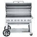 A Crown Verity natural gas portable outdoor BBQ grill with a lid open on wheels.