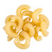 A pile of elbow macaroni pasta on a white background.