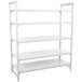 A white metal Cambro Camshelving unit with four shelves.