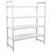 A white metal Cambro Camshelving® Premium stationary shelving unit with four shelves.