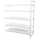 A white rectangular Cambro Camshelving Premium add on unit with 5 white shelves.