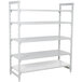 A white metal Cambro Camshelving® Premium stationary starter unit with 4 vented shelves and 1 solid shelf.