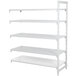 A white metal Cambro Camshelving® Premium stationary add-on shelf with 4 vented shelves and 1 solid shelf.
