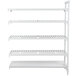 A white metal Cambro Camshelving® stationary add-on unit with 4 shelves including 4 vented and 1 solid.