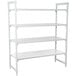 A white metal Cambro Camshelving unit with 3 vented shelves and 1 solid shelf.
