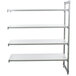 A white shelf with metal bars and four shelves.