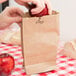 A hand putting an apple into a Duro brown paper bag.