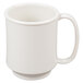A close-up of a white GET Tritan mug with a handle.