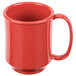 A close-up of a red GET Healthcare Sensation Tritan mug with a handle.