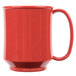 A red GET Tritan mug with a white stripe on the handle.