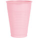A close up of a pink plastic cup on a white background.