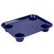 A cobalt blue GET polypropylene fast food tray with four compartments and cup holders.