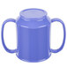 A peacock blue plastic cup with two handles.
