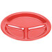 A red GET Sensation melamine plate with three compartments.