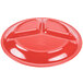 A red melamine plate with three compartments.