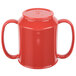 A red GET Tritan plastic mug with two handles.