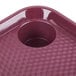 A burgundy polypropylene tray with cup holders.