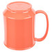 A close-up of a GET Rio Orange Tritan mug with a handle.