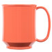 A close-up of a GET Rio orange mug with a handle.