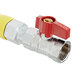 A T&S Safe-T-Link gas appliance connector with a yellow and red valve handles.