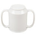 An ivory plastic mug with two handles.