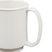 A close-up of a white GET Tritan plastic mug with two handles.