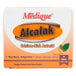 A box of Medique Alcalak Antacid Tablets with text and images on a white background.