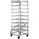 A Regency aluminum can rack with wheels and multiple shelves.