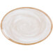 A white melamine platter with a swirl pattern on the rim.