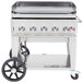A Crown Verity natural gas outdoor griddle with wheels.
