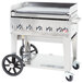 A stainless steel Crown Verity outdoor griddle with wheels.