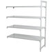 A white metal shelf with four shelves and white plastic vented grates.