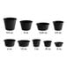 A row of black Choice plastic portion cups with a white background.