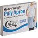 A box of Choice heavy weight white poly aprons on a counter.