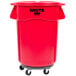 A red Rubbermaid BRUTE 44 gallon plastic bin with wheels.
