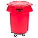 A red Rubbermaid plastic trash can with wheels.