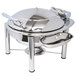 A silver stainless steel Eastern Tabletop Crown chafer with a hinged lid.
