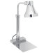An Eastern Tabletop stainless steel freestanding heat lamp with a round metal shade and adjustable neck.