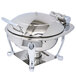 A stainless steel Eastern Tabletop Crown chafer with a hinged dome lid.