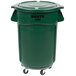 A green Rubbermaid BRUTE trash can with lid and wheels.