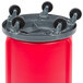 A red Rubbermaid BRUTE 20 gallon round trash can with wheels.