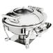 A silver stainless steel round chafer with a lid.
