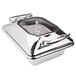 An Eastern Tabletop stainless steel square chafer with a hinged glass dome lid on a counter.