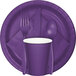A purple Creative Converting luncheon napkin with silverware on a purple plate.
