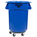 A blue Rubbermaid BRUTE trash can with wheels and a lid.