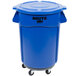 A blue Rubbermaid commercial trash can with wheels and a lid.