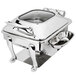 A silver rectangular Eastern Tabletop chafing dish with a hinged glass lid on a silver stand.