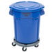 A blue Rubbermaid BRUTE 20 gallon garbage can with a lid and dolly.