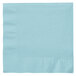 A close up of a pastel blue Creative Converting luncheon napkin with a corner folded over.