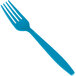 A package of turquoise heavy weight plastic forks with a blue plastic fork on top.